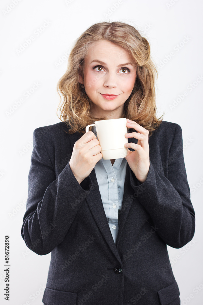Beautiful blonde with a white cup. coffee break Beautiful blonde with a white cup. coffee break