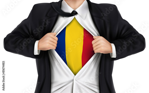 businessman showing Romania flag underneath his shirt