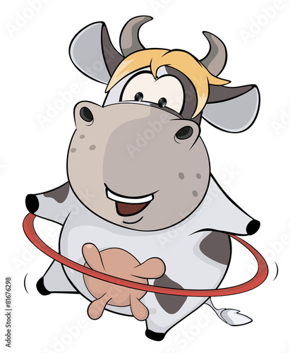 A small cow and a hula hoop. Cartoon
