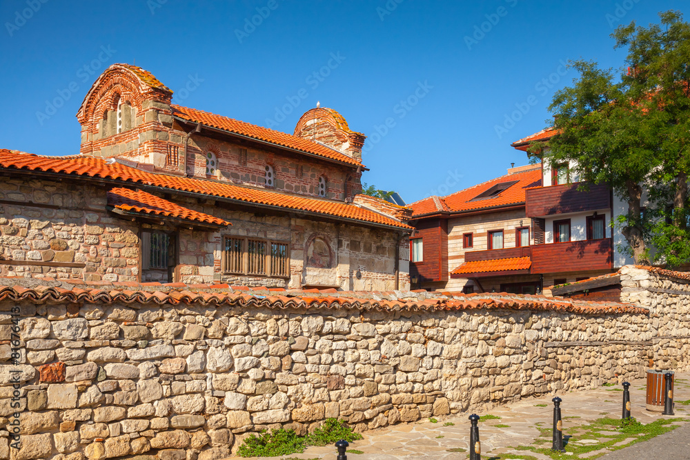 Street view of Nesebar, Bulgaria. Typical revival house
