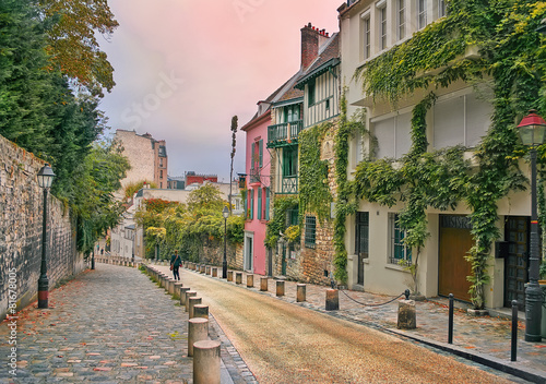 street in Montmartre, Paris, in the evening
