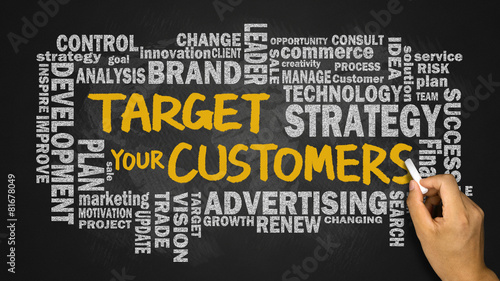 target your customers with related word cloud handwritten on bla