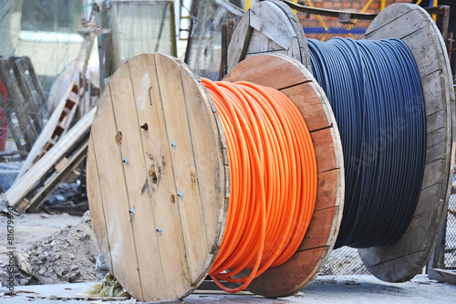 Wooden coil of electric cable on construction site