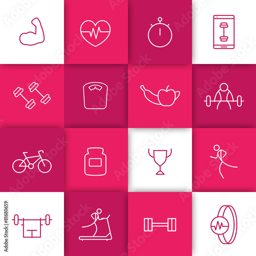 16 line white fitness, gym, training icons on squares