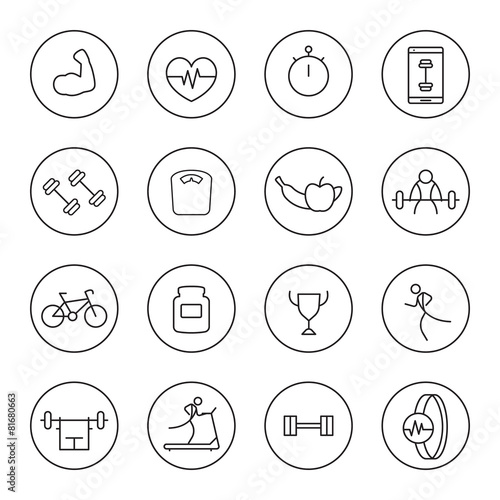 16 line fitness, gym, training round icons, vector, eps10