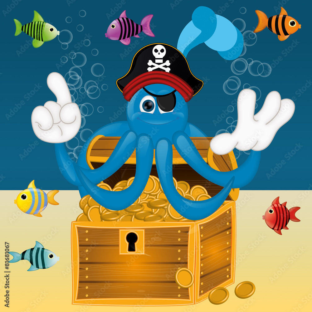 Naklejka premium Funny pirate octopus squid with treasure under water