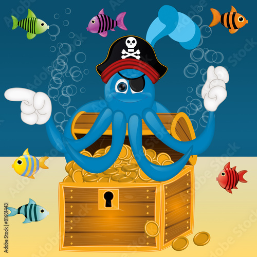 Funny pirate octopus squid with treasure under water