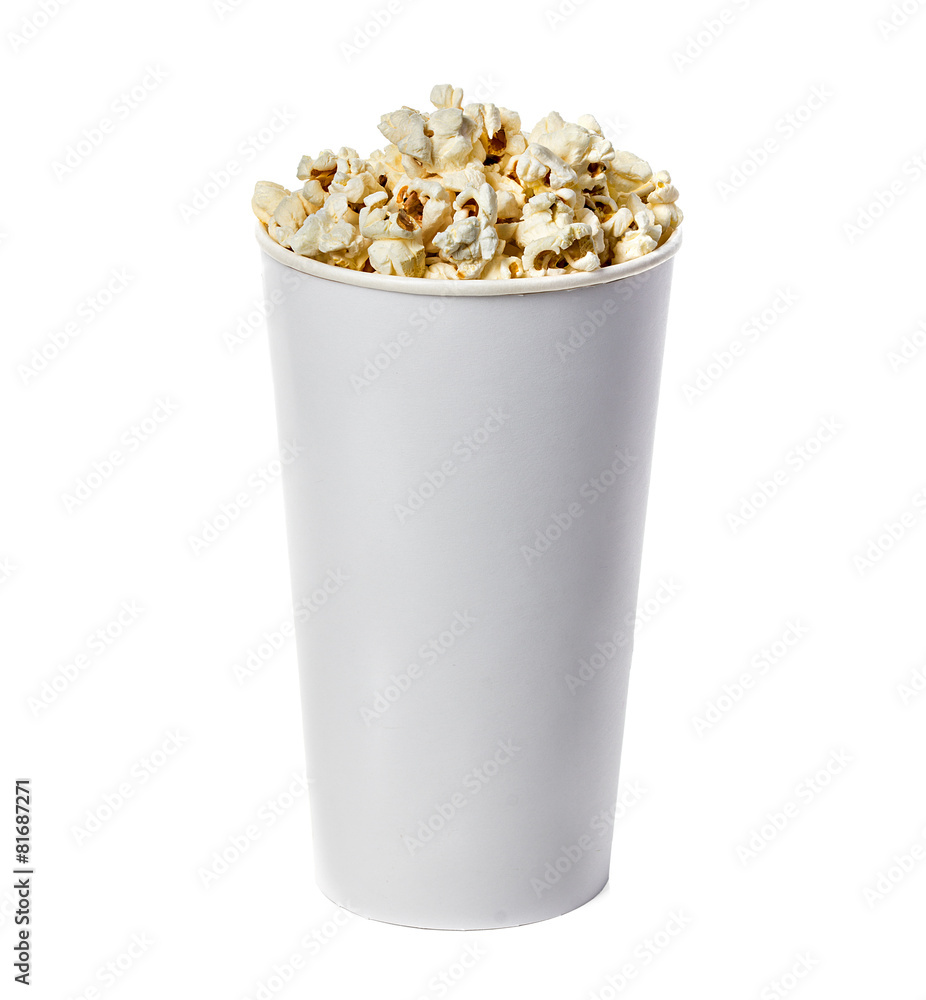 Popcorn isolated in cardboard box on a white background Popcorn isolated in cardboard box on a white background