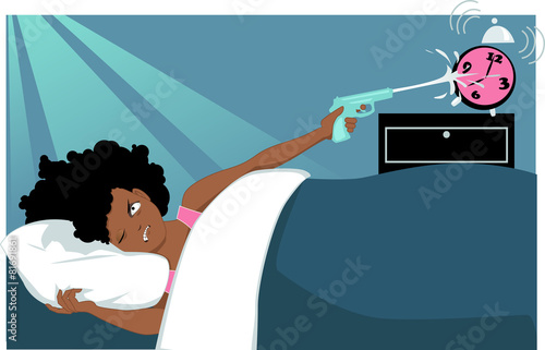 Woman hitting a snooze button with a water gun
