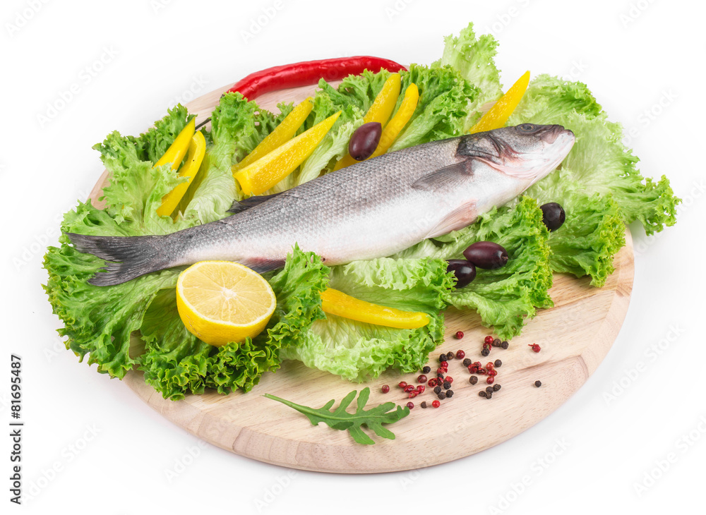 Composition of fresh seabass and vegetables. Composition of fresh seabass and vegetables.