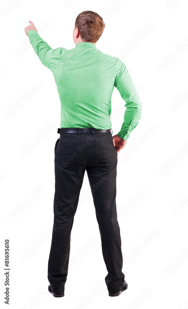Back view of pointing young business men in red shirt. Back view of pointing young business men in red shirt.
