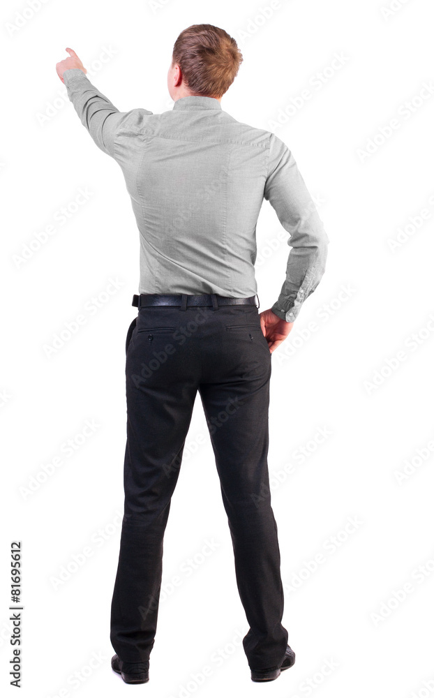 Back view of pointing young business men in red shirt. Back view of pointing young business men in red shirt.