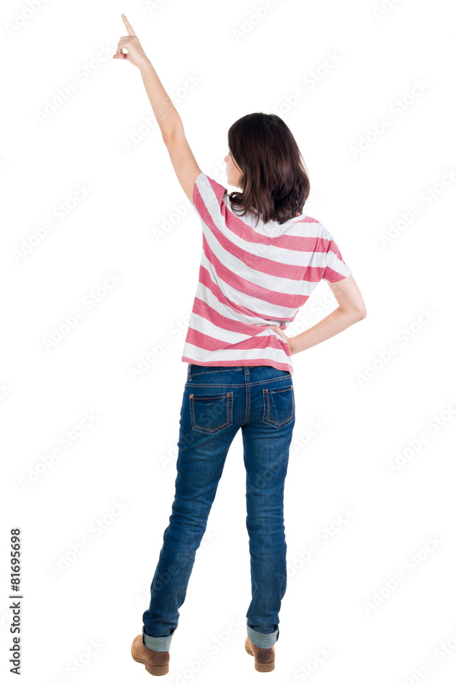 Back view of  pointing woman.