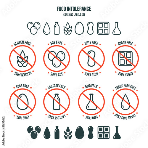 Food intolerance icons and labels set