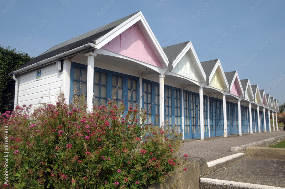 Beach huts along seafront, Weymouth, Dorset