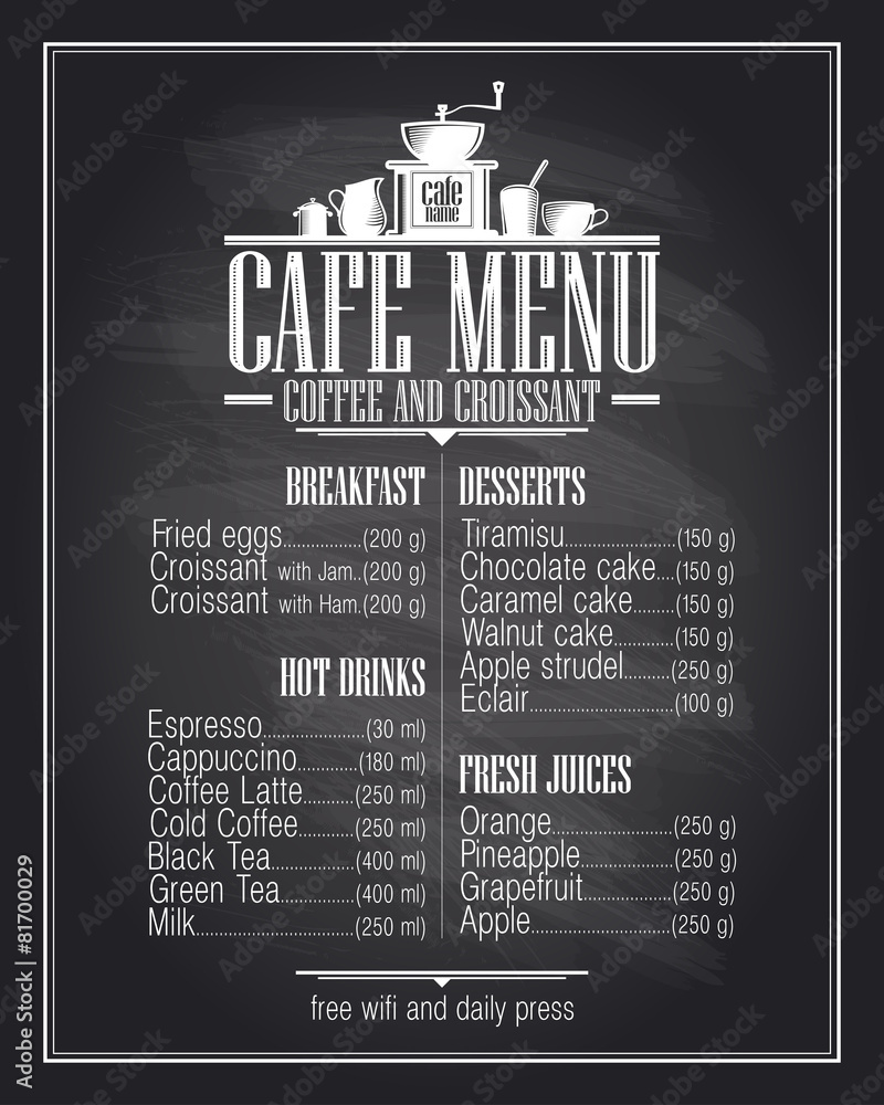 Chalkboard cafe menu list design with dishes name. - obrazy, fototapety, plakaty 