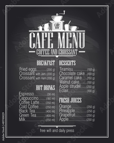 Chalkboard cafe menu list design with dishes name.