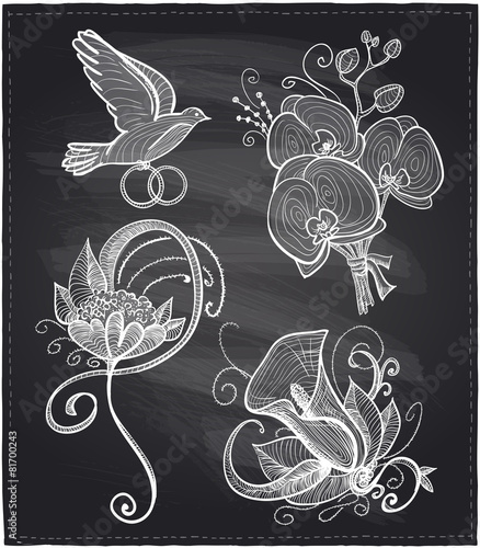 Chalkboard wedding floral drawn graphic set.