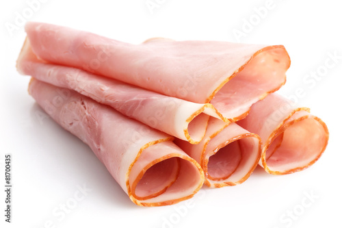 Premium slices of ham arranged on white.