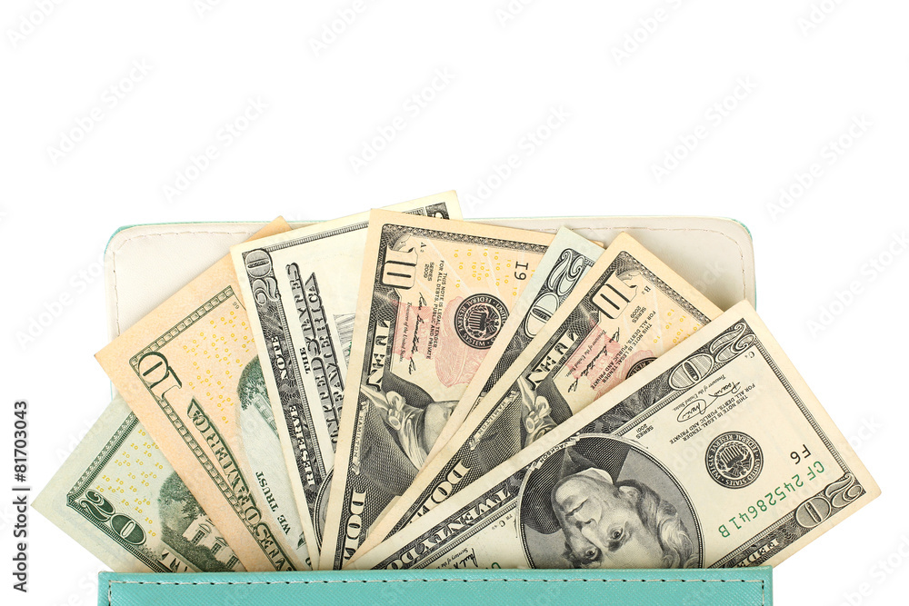 Women's leather purse with money isolated on white background Women's leather purse with money isolated on white background