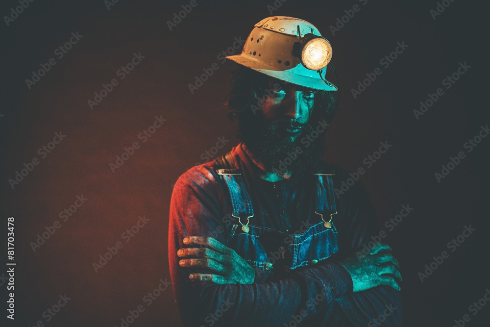 Portrait of Bearded Miner Wearing Helmet Lamp Portrait of Bearded Miner Wearing Helmet Lamp
