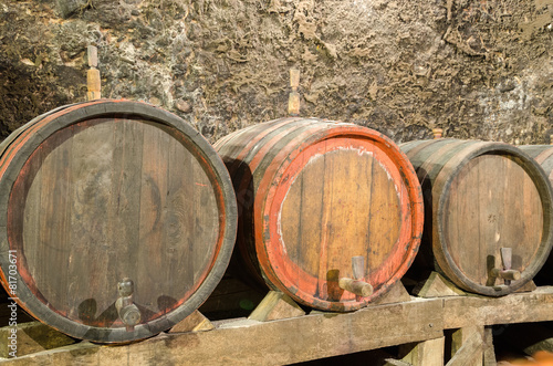 Wooden wine barrels in an underground cellar  Melnik  Bulgaria