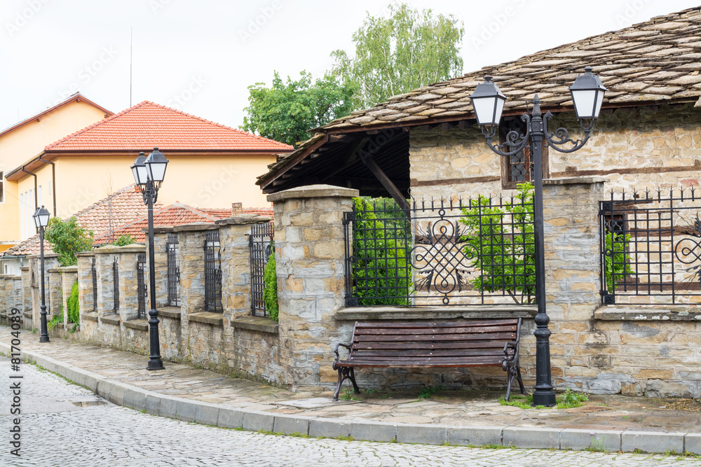 Street view of typical old Bulgarian architecture, Tryavna, Bulgaria
