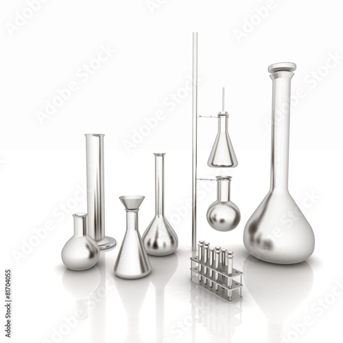 Chemistry set, with test tubes, and beakers filled with colored