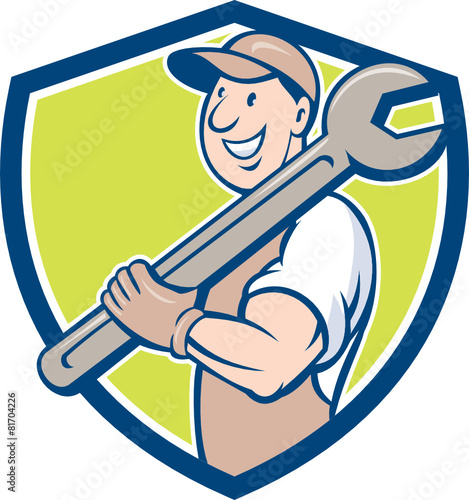 Mechanic Smiling Spanner Standing Crest Cartoon