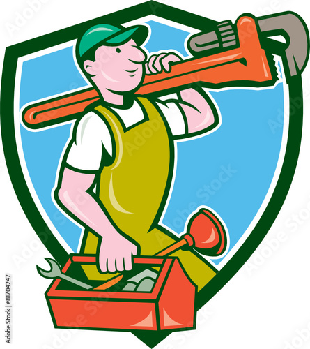 Plumber Carrying Monkey Wrench Toolbox Crest