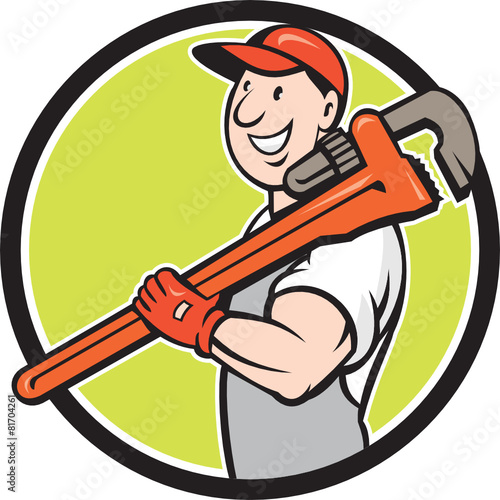 Plumber Smiling Holding Monkey Wrench Circle Cartoon