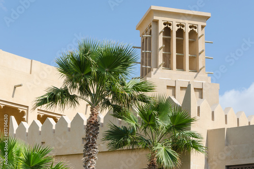 Old wind tower, Arabian architecture, Madinat Jumeirah, Dubai, UAE.