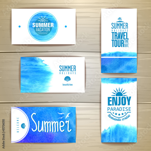 Set of blue watercolor summer visiting card. corporate identity
