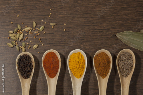 Various spices in ceramic spoon on wooden backgound