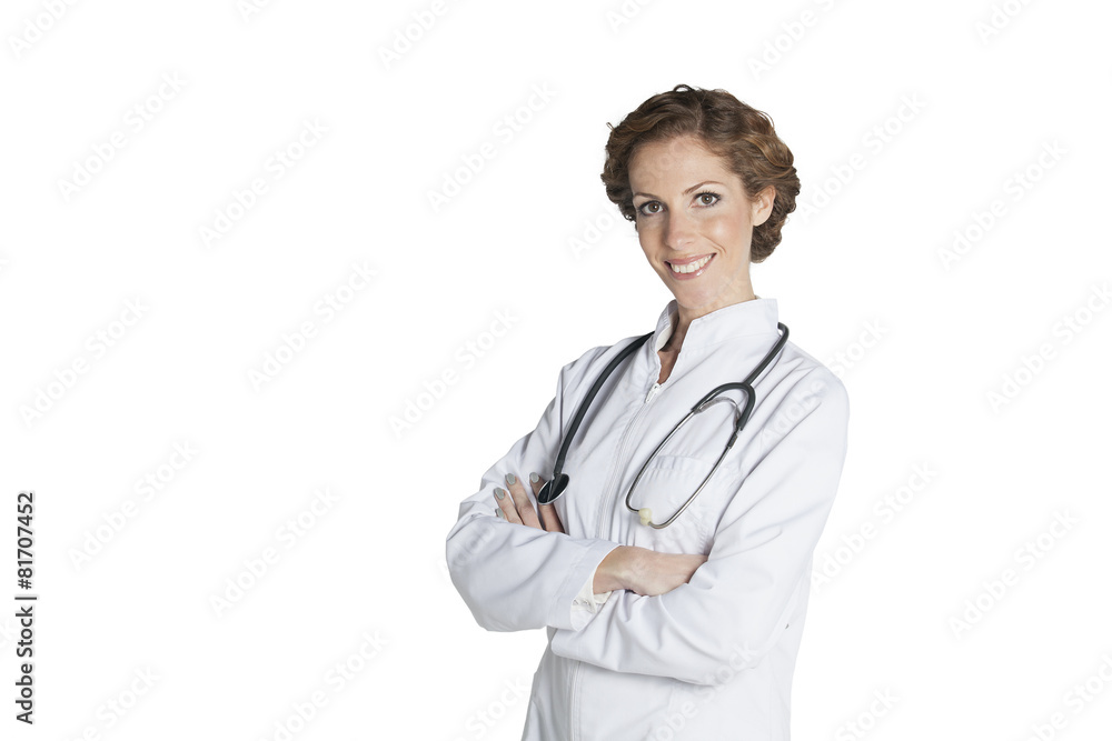 Portrait of cheerful female doctor. Portrait of cheerful female doctor.