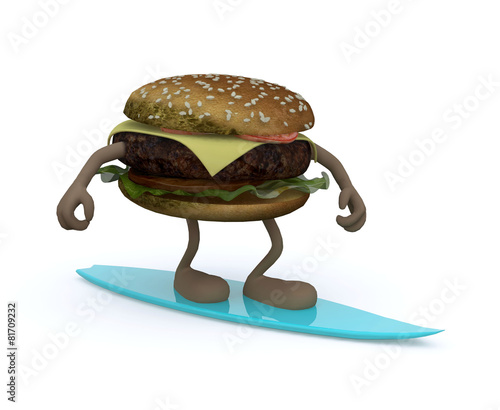 Photography hamburger with arms and legs that surfing