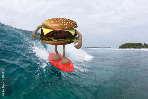 Photography hamburger with arms and legs that surfing on the sea