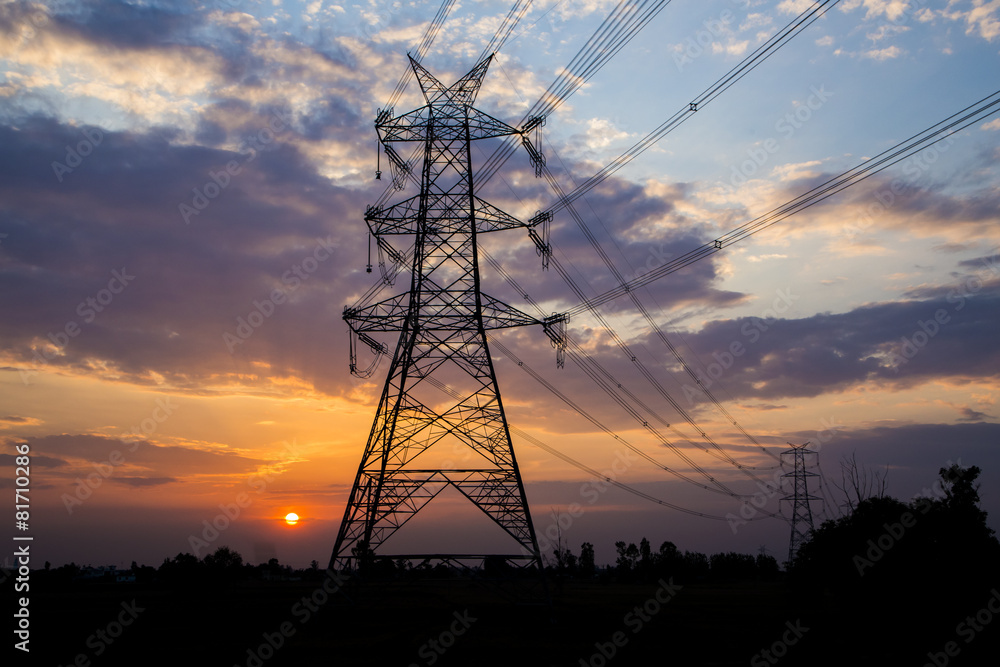 High Power Electricity Pole with Beautiful Sunset Background