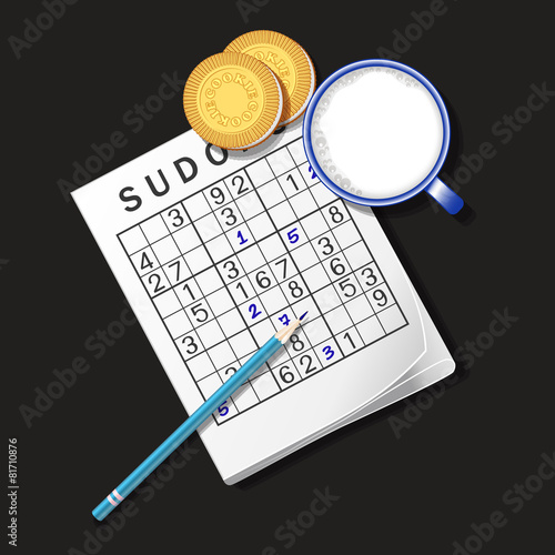 illustration of Sudoku game, mug of milk and cookies