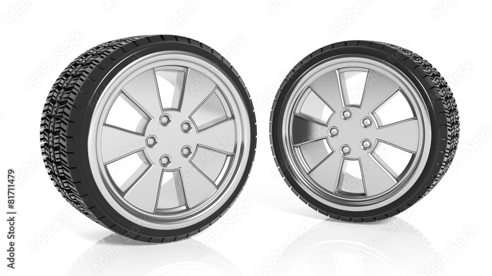 Car aluminum alloy rims with tires, isolated on white background Car aluminum alloy rims with tires, isolated on white background