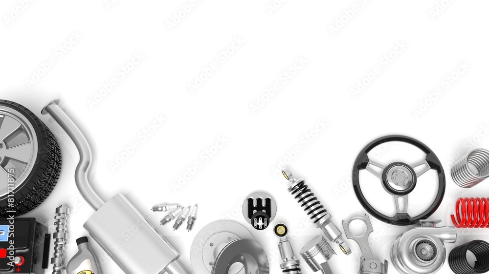 Various car parts and accessories, isolated on white background - obrazy, fototapety, plakaty 