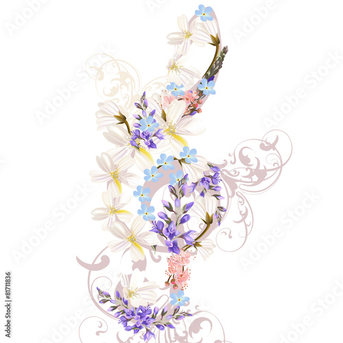 Music background with treble clef decorated by flowers