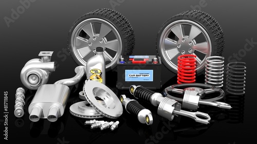 Various car parts and accessories, isolated on black background