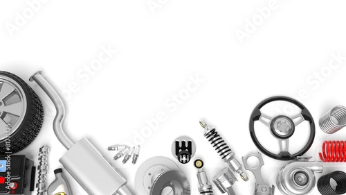 Various car parts and accessories, isolated on white background