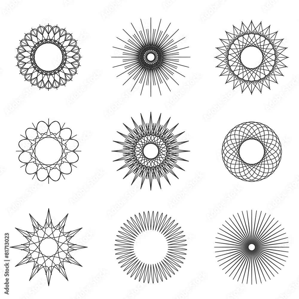 Set of geometric shapes, ornament line design, guilloche Set of geometric shapes, ornament line design, guilloche