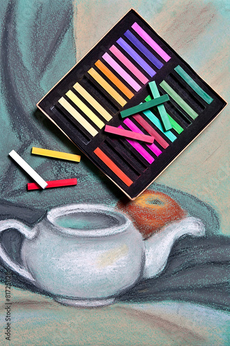 Artists pastels and original pastel drawing of still life.