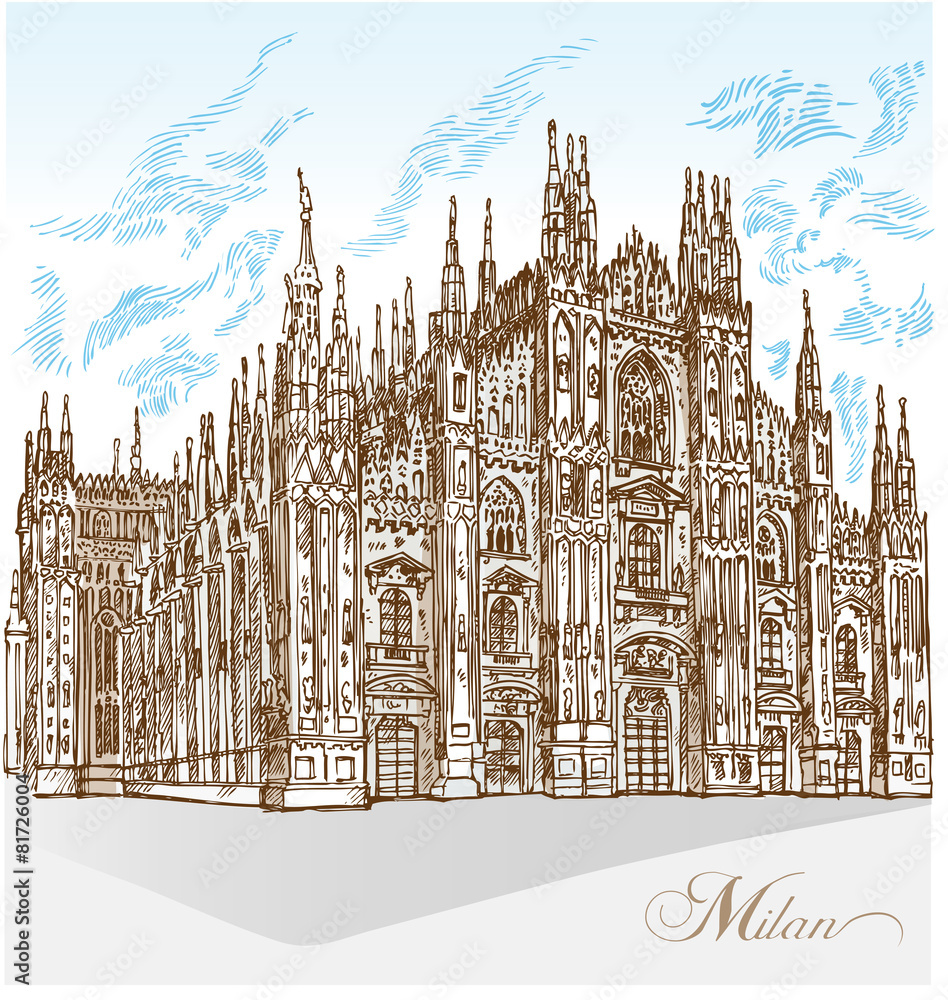 milan cathedral hand draw - obrazy, fototapety, plakaty 