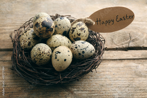 Bird eggs in nest on wooden background