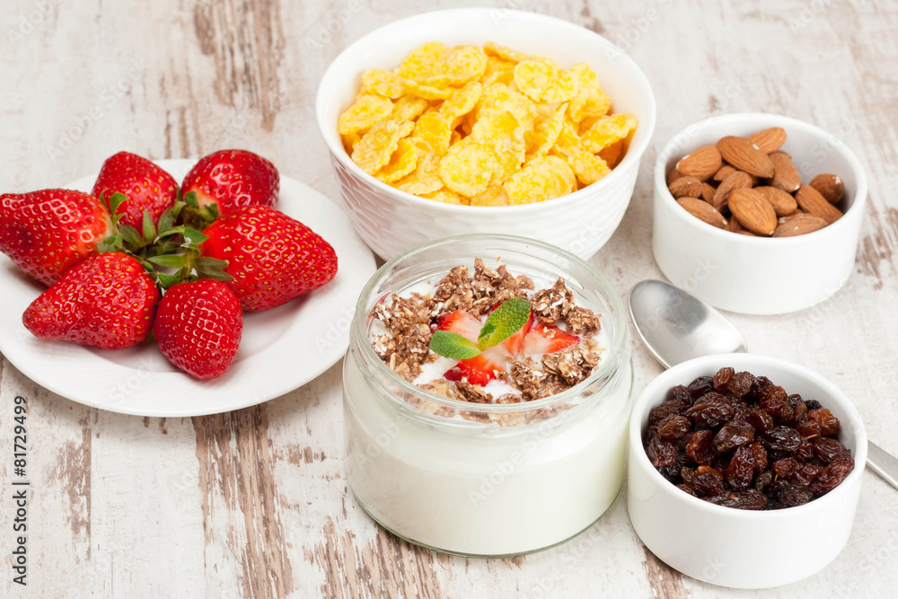 yogurt with berries and breakfast foods, horizontal