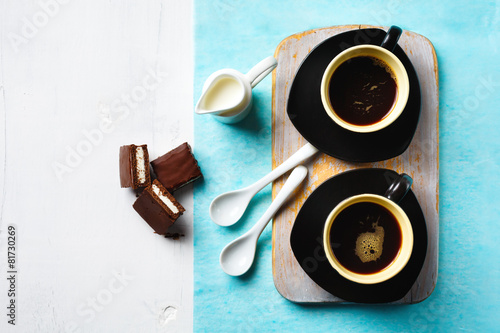 Two Cups of Espresso with Chocolate Cake